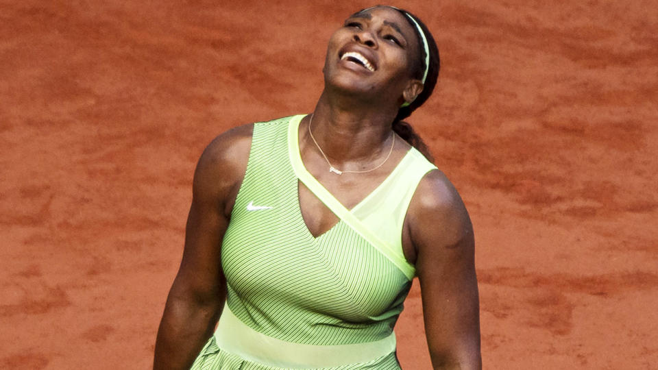 Serena Williams reacts during her loss to Elena Rybakina at the French Open. (Photo by TPN/Getty Images)