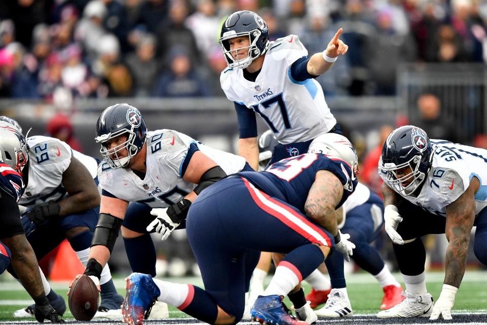 Tennessee Titans quarterback Ryan Tannehill (17) calls a play to his team as the face the Patriots during the second quarter at Gillette Stadium Sunday, Nov. 28, 2021 in Foxborough, Mass. 