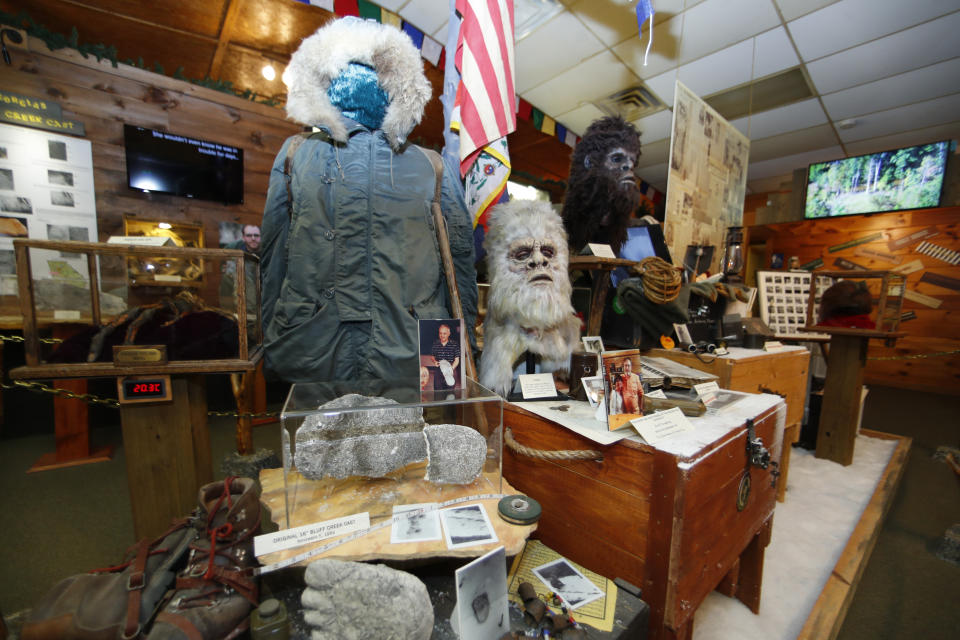 This Aug. 8, 2019, photo shows items donated by the family of Yeti researcher Tom Slick on display at Expedition: Bigfoot! The Sasquatch Museum in Cherry Log, Ga. The owner of this intriguing piece of Americana at the southern edge of the Appalachians is David Bakara, a longtime member of the Bigfoot Field Researchers Organization who served in the Navy, drove long-haul trucks and tended bar before opening the museum in early 2016 with his wife, Malinda. (AP Photo/John Bazemore)