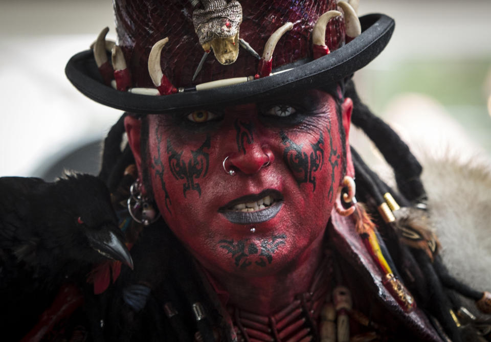 <p>A tattooed man poses at the London International Tattoo Convention 2017 at Tobacco Docks in London, Britain on Sept. 23, 2017. (Photo: Lauren Hurley/PA Wire via ZUMA Press) </p>