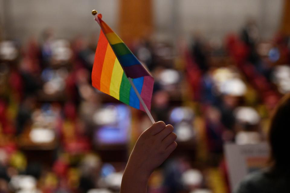 A young protester holds up a pride flag as Rep. Gino Bulso R- Brentwood, argues in favor of his bill during a House session at the state Capitol in Nashville , Tenn., Monday, Feb. 26, 2024.