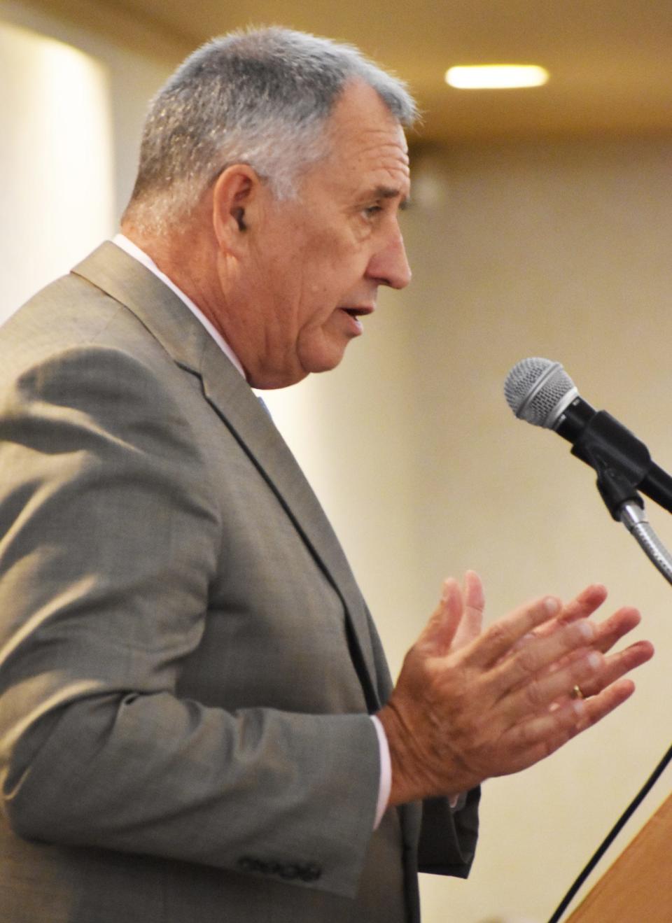 Bristol County District Attorney Thomas M. Quinn III speaks to a crowd at his annual Bristol County Celebration of Seniors conference, which includes speakers and a resource fair.