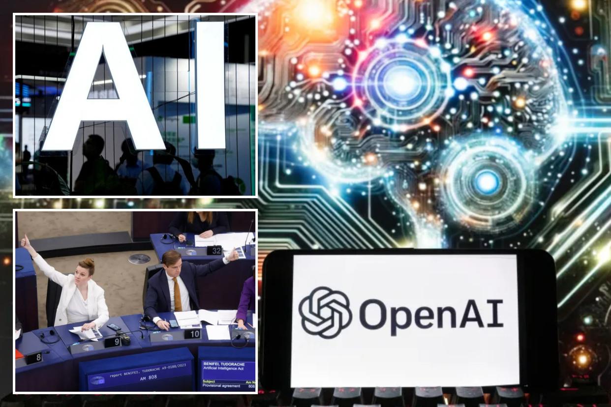 EU officials voting, AI sign and OpenAI logo