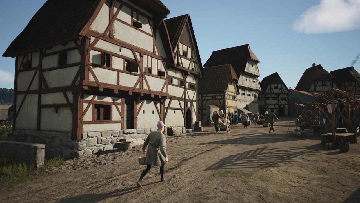  Manor Lords tavern - Peasants walking through town. 