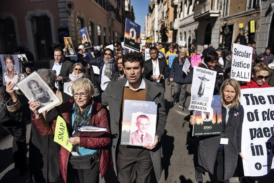 Survivors and activists protest in Rome on Feb. 23, 2019, as Catholic bishops from around the world convened for a historic papal summit on the sex abuse crisis. (Photo: NurPhoto via Getty Images)
