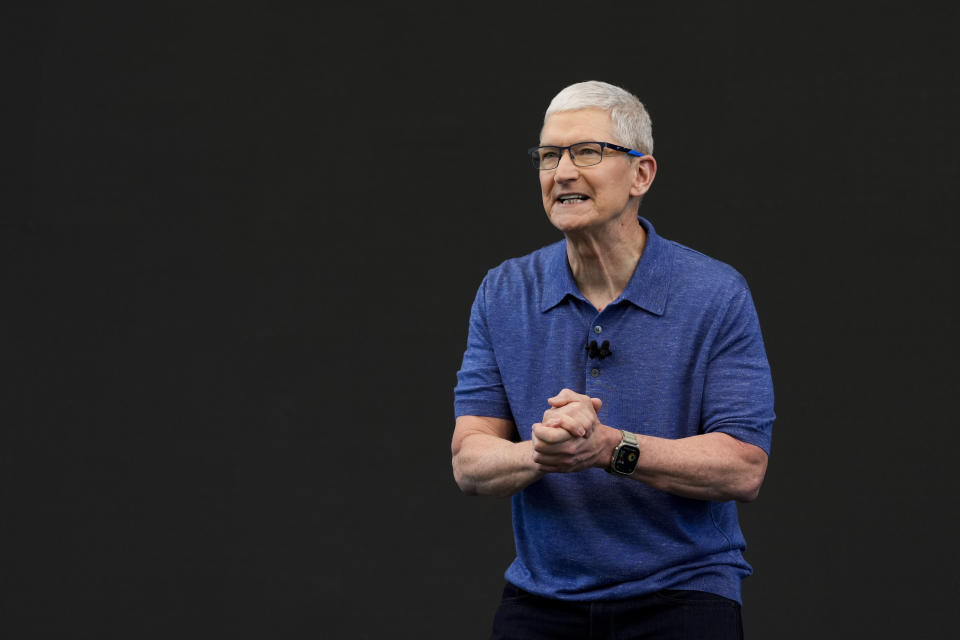 Apple CEO Tim Cook speaks during a new product announcement at Apple's campus in Cupertino, California, Monday, June 10, 2024. (AP Photo/Jeff Chiu)