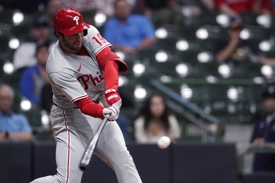 Philadelphia Phillies' Matt Vierling hits a go-ahead home run during the ninth inning of the team's baseball game against the Milwaukee Brewers on Tuesday, June 7, 2022, in Milwaukee. (AP Photo/Aaron Gash)
