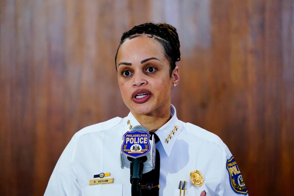 Philadelphia Police Commissioner Danielle Outlaw speaks with members of the media during a news conference in Philadelphia, Tuesday, March 8, 2022. Outlaw announced she plans to suspend and fire the plainclothes officer who fired the fatal shot that killed a fleeing 12-year-old Thomas Siderio Jr. last week.