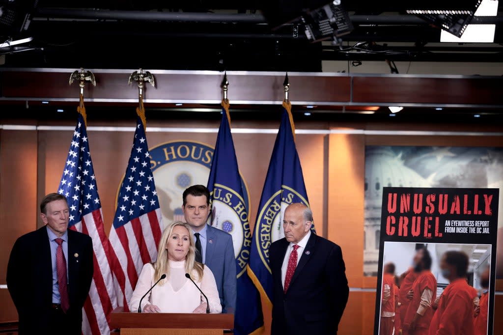  Rep. Marjorie Taylor Greene (R-GA) speaks at a news conference at the U.S. Capitol Building on December 07, 2021 with Rep. Paul Gosar (R-AZ), Rep. Matt Gaetz (R-FL), and Rep. Louie Gohmert (R-TX)  (Photo by Anna Moneymaker/Getty Images) (Getty Images)