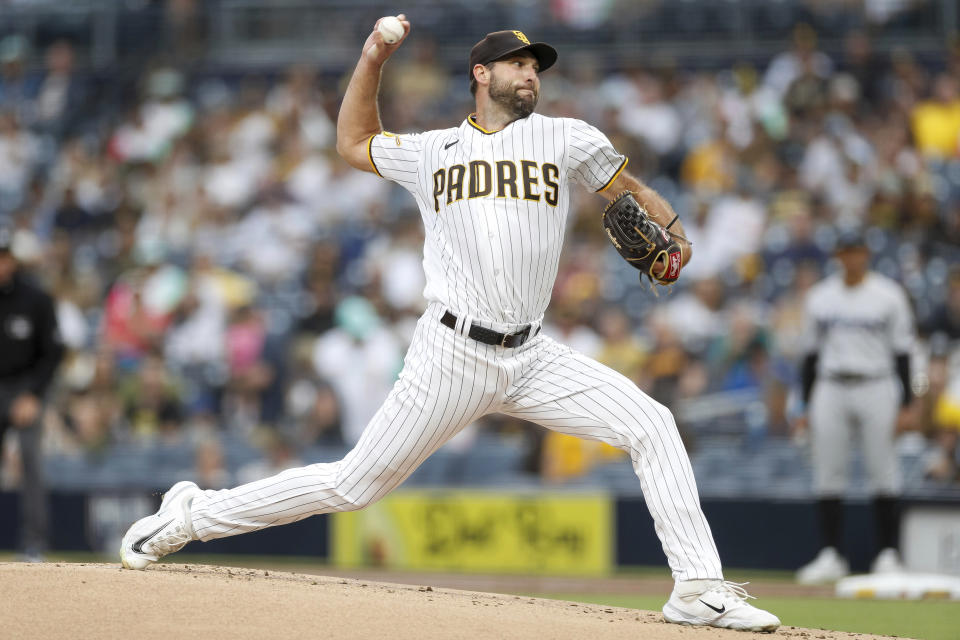 San Diego Padres starting pitcher Michael Wacha throws to the plate during the first inning of a baseball game against the Miami Marlins, Monday, Aug 21, 2023, in San Diego. (AP Photo/Brandon Sloter)