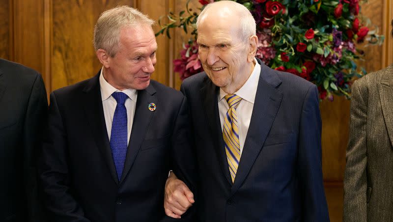 President Russell M. Nelson, right, visits with Csaba Korosi, president of the United Nations General Assembly, at the headquarters of The Church of Jesus Christ of Latter-day Saints in Salt Lake City, Utah, on Tuesday, May 16, 2023.  