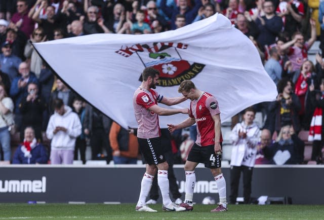 Southampton’s Flynn Downes celebrates with Jack Stephens after scoring a late winner against Watford