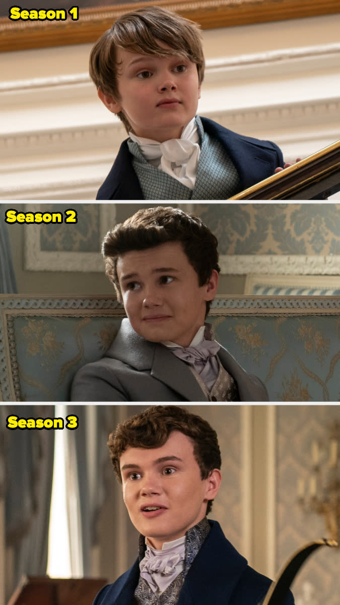 Will Tilston as Gregory Bridgerton in three different seasons of Bridgerton, depicting his character's growth. He wears elegant period costumes in all images