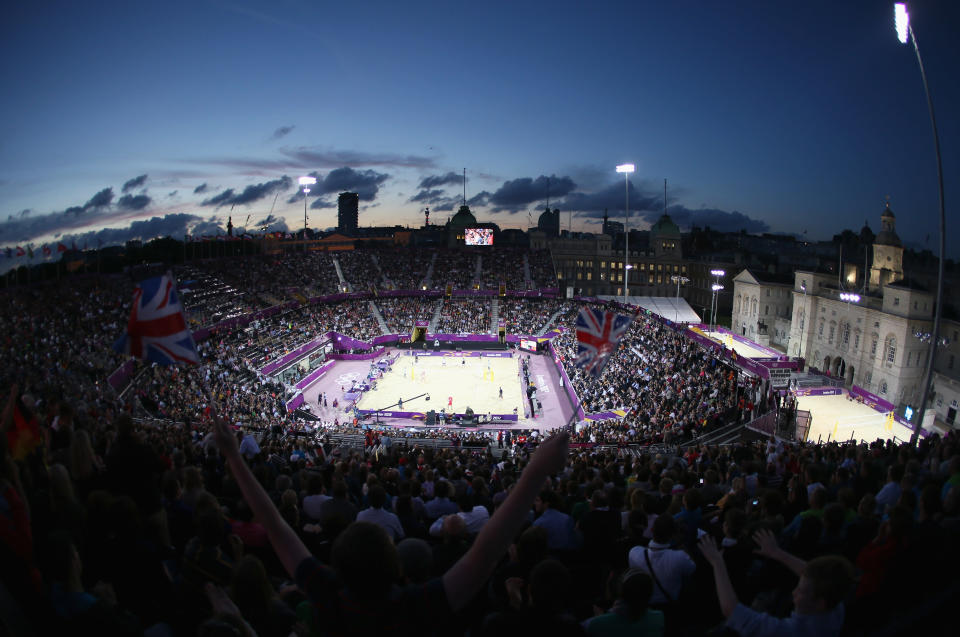 LONDON, ENGLAND - AUGUST 01: A general view during the Men's Beach Volleyball on Day 5 of the London 2012 Olympic Games at Horse Guards Parade on August 1, 2012 in London, England. (Photo by Streeter Lecka/Getty Images)