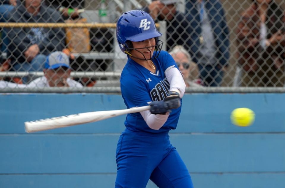 Bear Creek's Raylani Elias hits a single during a varsity softball game against Stagg at Bear Creek in Stockton on Wednesday, May 3, 2023.  Bear Creek won 14-4.