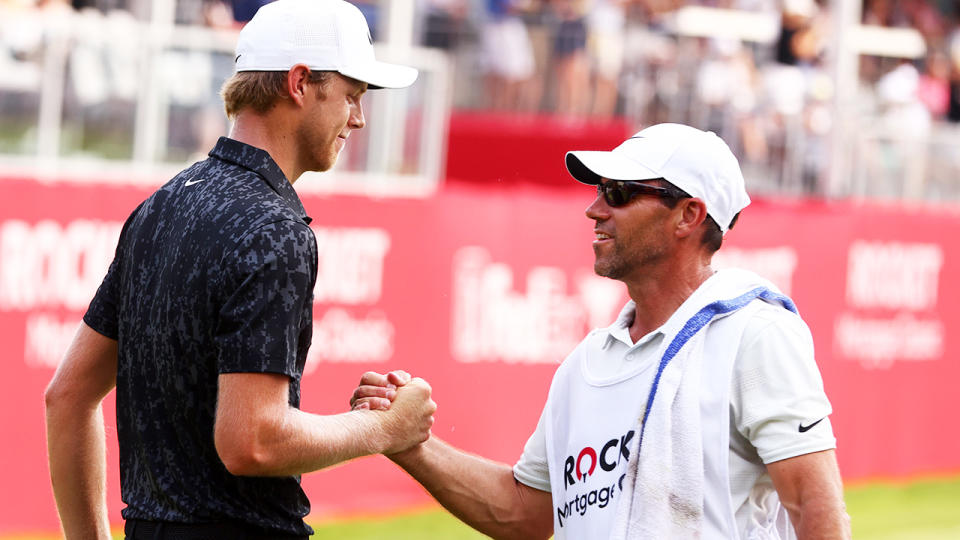 Cam Davis, pictured here after winning the Rocket Mortgage Classic in Detroit.