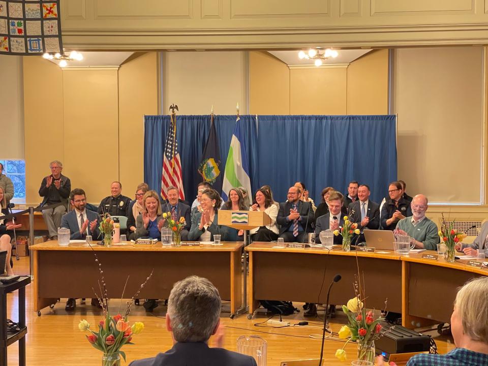 Mayor Emma Mulvaney-Stanak sits between Chief Administrative Officer Katherine Schad and councilors Carter Neubieser and Gene Bergman at the city council meeting April 1, 2024.