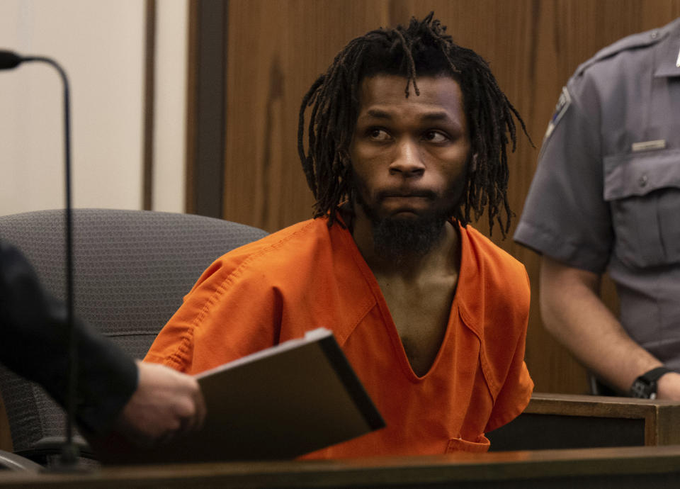 Nicholas Jordan, 25, appears for a hearing at the El Paso County 4th Judicial Court, Friday, Feb. 23, 2024, in Colorado Springs Colo. Jordan was arrested Monday, Feb. 19, in the deaths of his roommate, Samuel Knopp, 24, and Celie Rain Montgomery, 26, at the University of Colorado Colorado Springs. (Parker Seibold/The Gazette via AP, Pool)