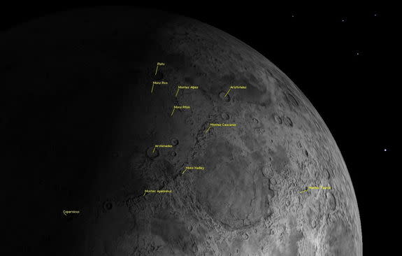 The northern half of the moon exhibits many mountain ranges and a few isolated peaks