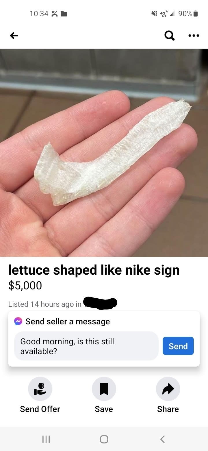 Image of a hand holding a thin, elongated crystal-like object; a social media sale post for "lettuce shaped like Nike sign" at $5,000, humor implied