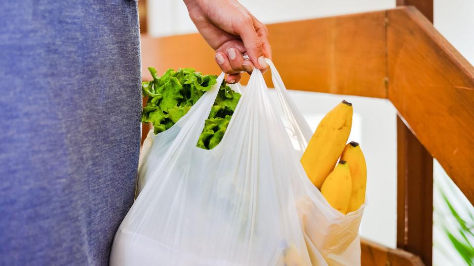 woman carrying plastic grocery bag