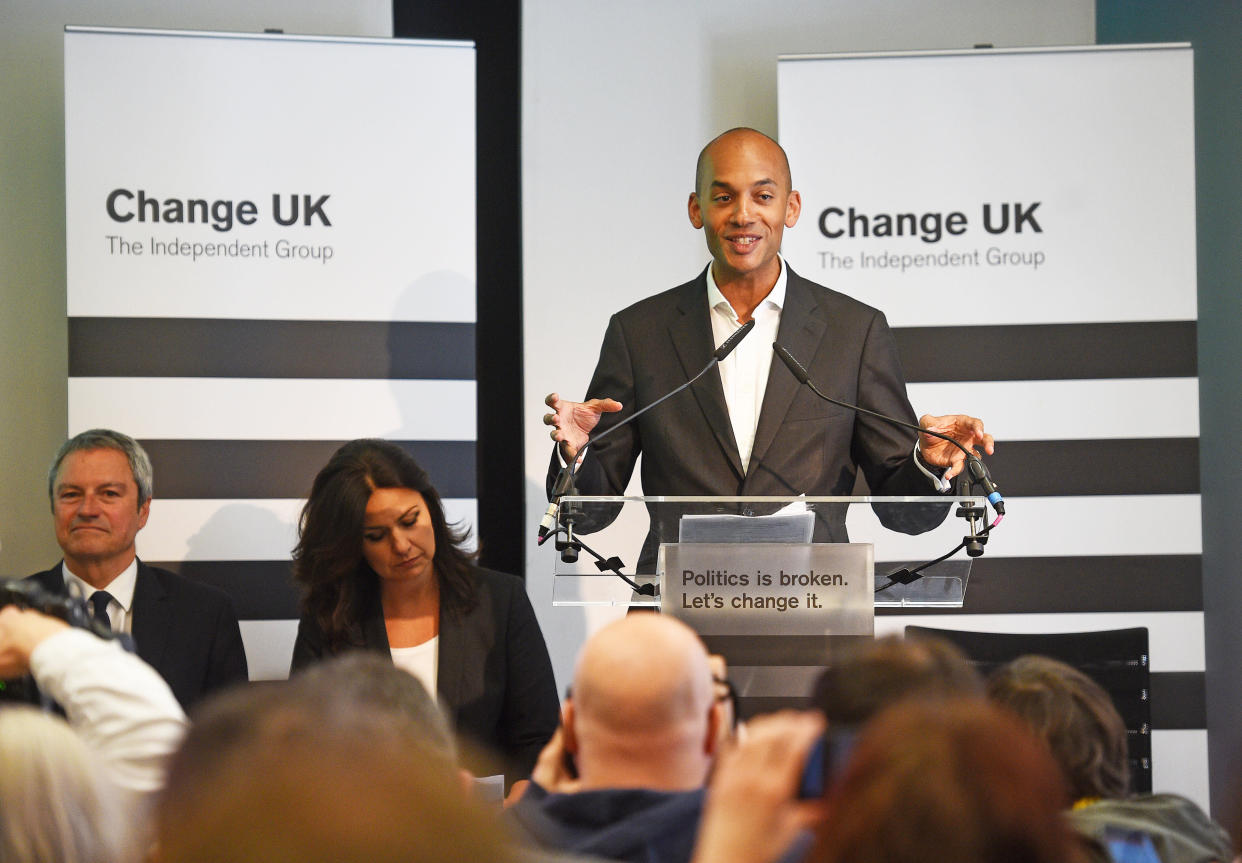 Chuka Umunna speaks during a Change UK rally at Church House in Westminster, London.