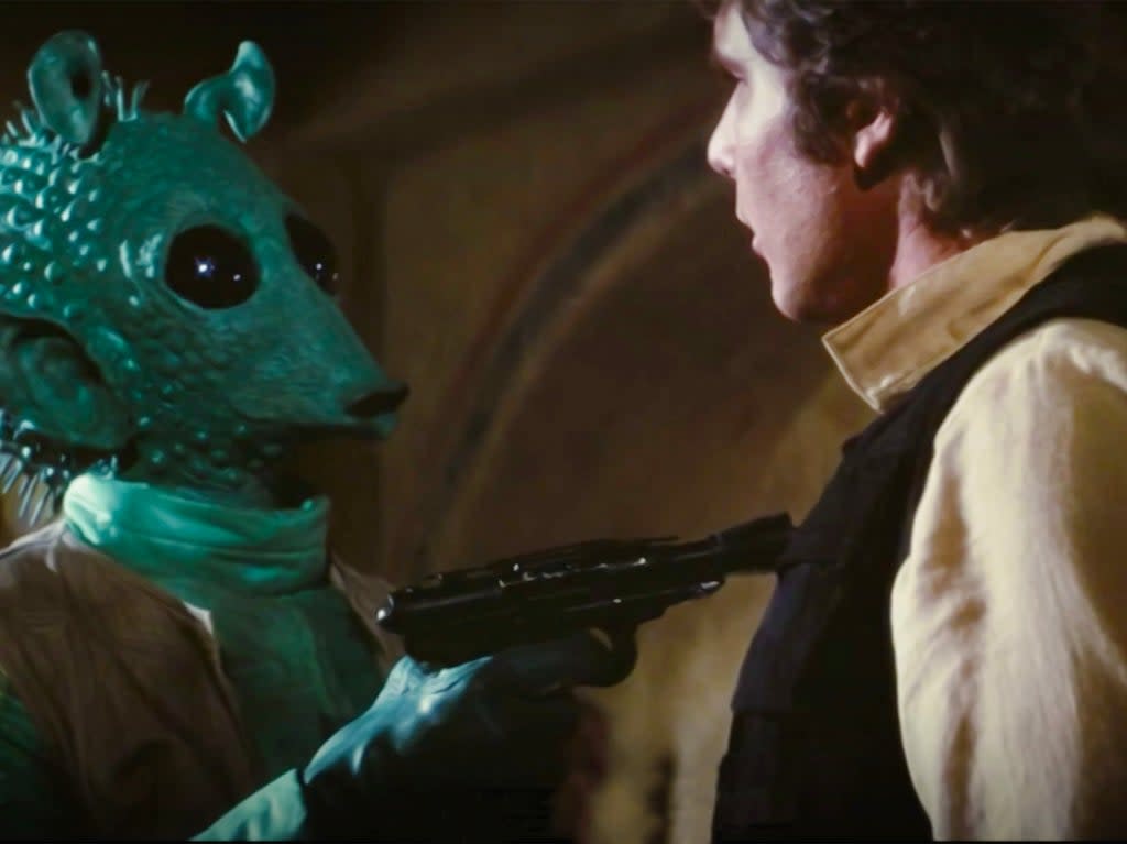 Ground zero: Greedo and Han Solo prepare to shoot one another in ‘Star Wars: A New Hope’ (Disney/Lucasfilm)