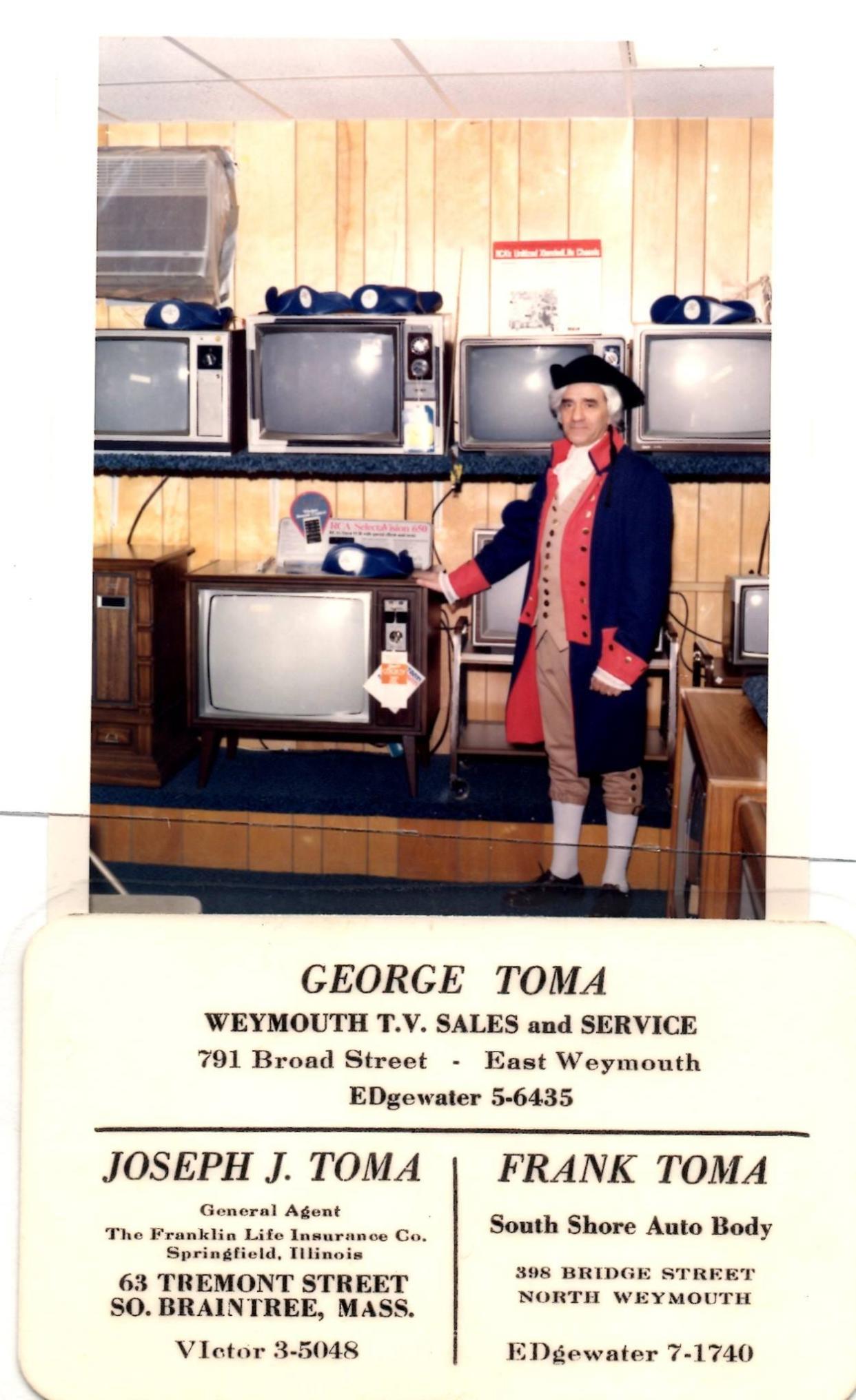 An advertisement from the 1960s-1970s shows George Washington Toma dressed in costume as George Washington on his Feb. 22 birthday in his Weymouth TV shop.