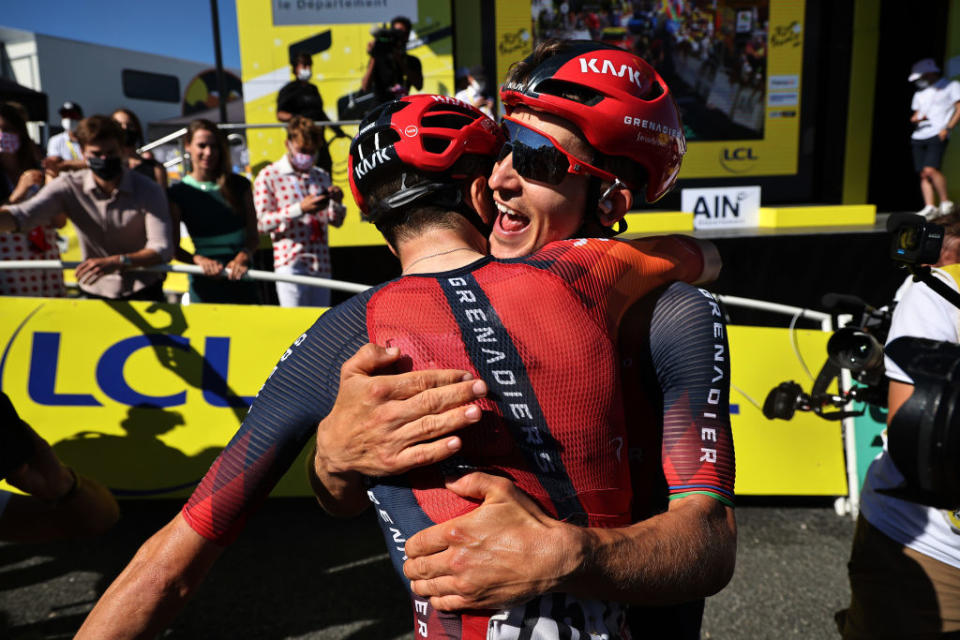 GRAND COLOMBIER FRANCE  JULY 14 LR Tom Pidcock of United Kingdom and stage winner Michal Kwiatkowski of Poland and Team INEOS Grenadiers react after the stage thirteen of the 110th Tour de France 2023 a 1378km stage from ChtillonSurChalaronne to Grand Colombier 1501m  UCIWT  on July 14 2023 in Grand Colombier France Photo by Christophe Petit Tesson  PoolGetty Images