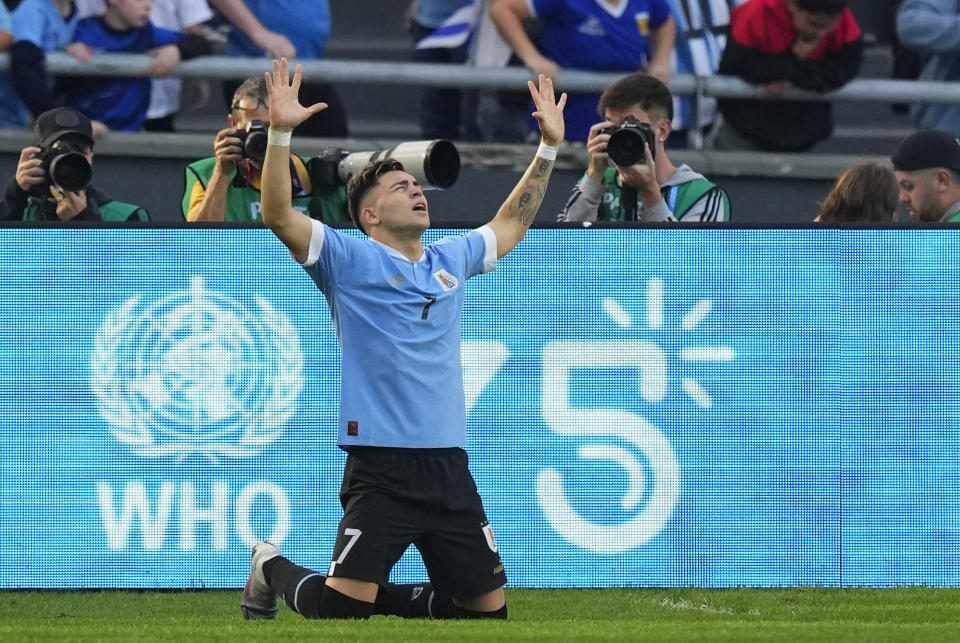 Uruguay's Anderson Duarte celebrates scoring his side's opening goal against Israel during a FIFA U-20 World Cup semifinal soccer match at the Diego Maradona stadium in La Plata, Argentina, Thursday, June 8, 2023. (AP Photo/Natacha Pisarenko)