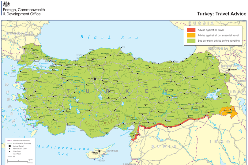 The Foreign Office issued a map outlining areas of Turkey where travel should be avoided at all costs