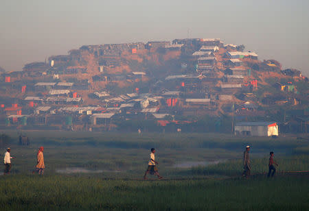 Rohingya refugees walk along the field at Kutupalong refugee camp, near Cox's Bazar, Bangladesh November 7, 2017. REUTERS/Navesh Chitrakar