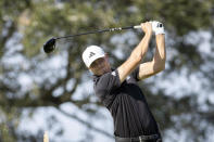 Ludvig Aberg, of Sweden, watches his drive off the seventh tee during the final round of the RSM Classic golf tournament, Sunday, Nov. 19, 2023, in St. Simons Island, Ga. (AP Photo/Stephen B. Morton)