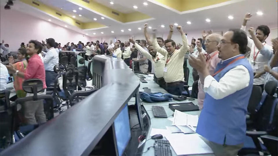 Engineers and managers at the Indian Space Research Organization control center erupt in cheers and applause when the Chandrayaan-3 lander touched down on the moon. / Credit: ISRO webcast