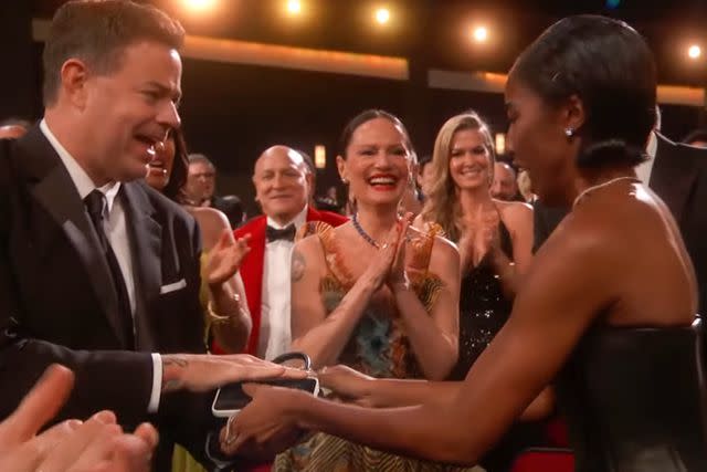 <p>FOX</p> Carson Daly and Ayo Edebiri at the 2023 Emmy Awards