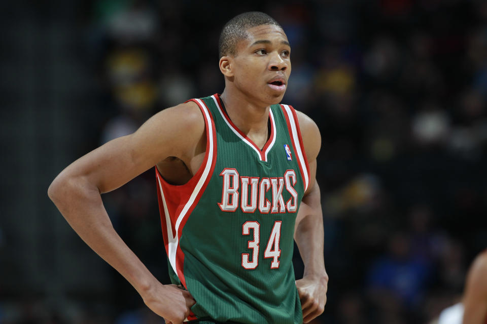 Milwaukee Bucks forward Giannis Antetokounmpo, of Greece, looks on against the Denver Nuggets in the third quarter of the Nuggets&#39; 110-100 victory in an NBA basketball game in Denver on Wednesday, Feb. 5, 2014. (AP Photo/David Zalubowski)