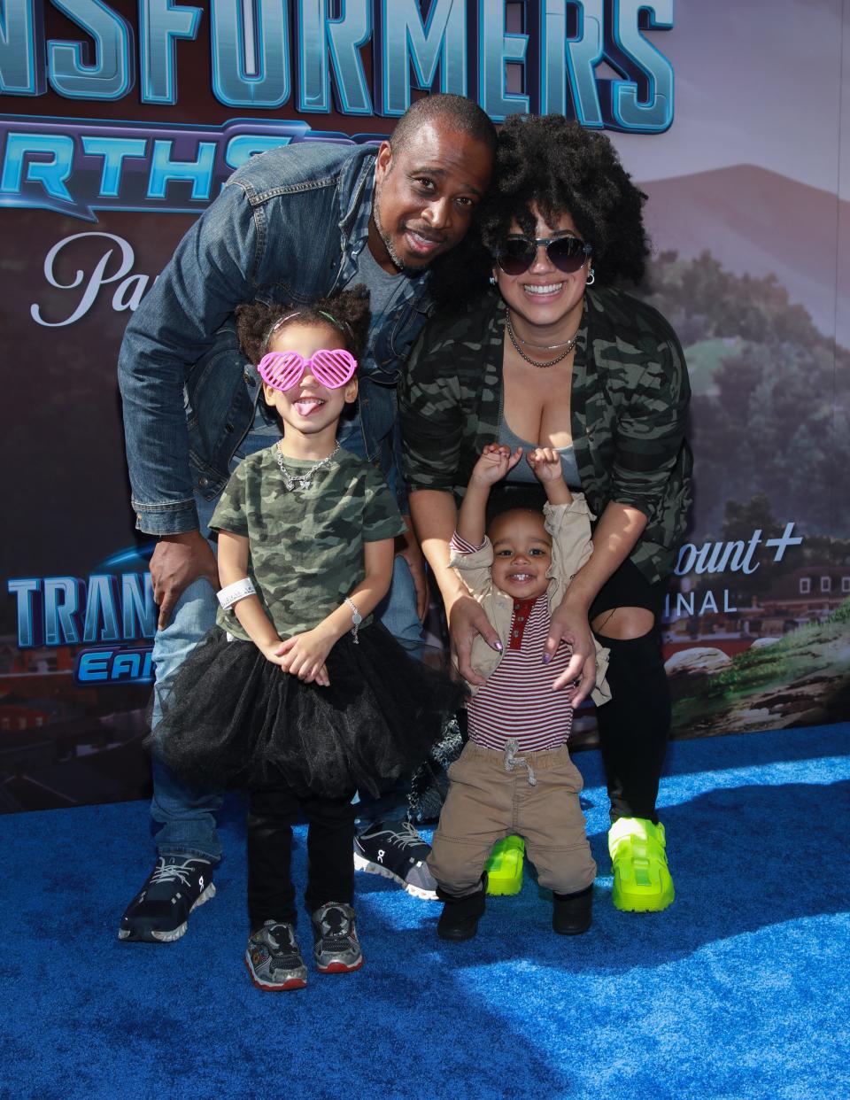 Actor/director Keith Powell with his wife Jill Knox and their children at the Los Angeles premiere of Paramount +'s "Transformers: Earthspark" at Paramount Studios, Sherry Lansing Theatre on November 5, 2022 in Los Angeles, California.