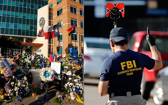 Forensics and tributes: Dallas on Friday as a memorial outside the Dallas Police Department became a focal point for grief (left) and an FBI agent collected evidence. Photo: AP