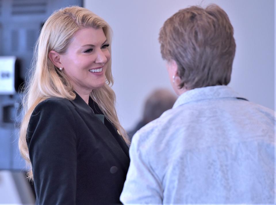 Amy Parsons chats with interim Provost Jan Nerger after being formally named the 16th president of Colorado State University's Fort Collins campus on Dec. 16 at the university's Veterinary Teaching Hospital complex.