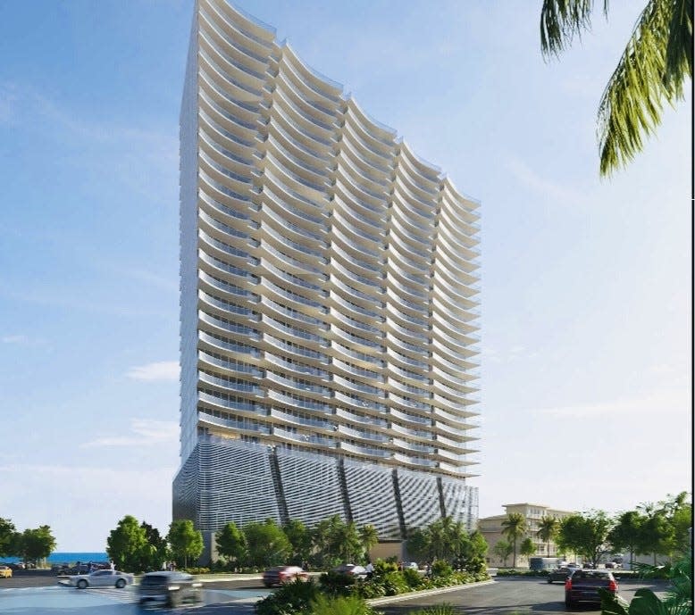 This is a rendering looking east of the proposed 27-story "Silver Beach Condo-Hotel" project at the southeast corner of A1A and Silver Beach Avenue in Daytona Beach, as submitted to the city by developer Eddie Avila of South Florida. Avila said he hopes to get approvals from the city to break ground in late 2023.
