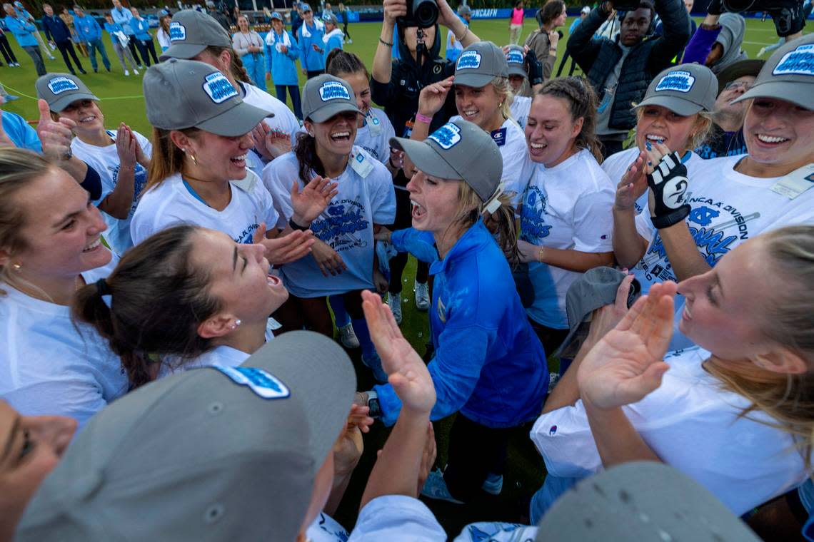 North Carolina field hockey coach Erin Matson celebrates with her team after clinching the 2023 NCAA Division I Field Hockey Championship on Sunday, November 19, 20223 at Karen Shelton Stadium in Chapel Hill, N.C.