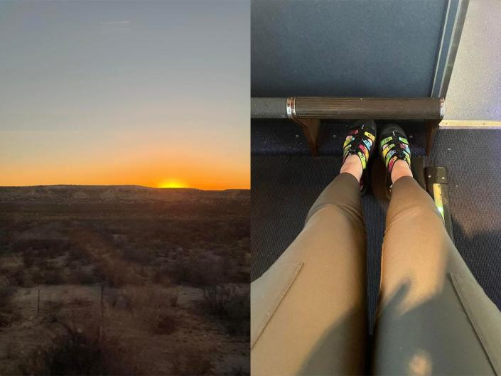 sunrise over remote Texas land, jill robbins legs sitting in coach seat