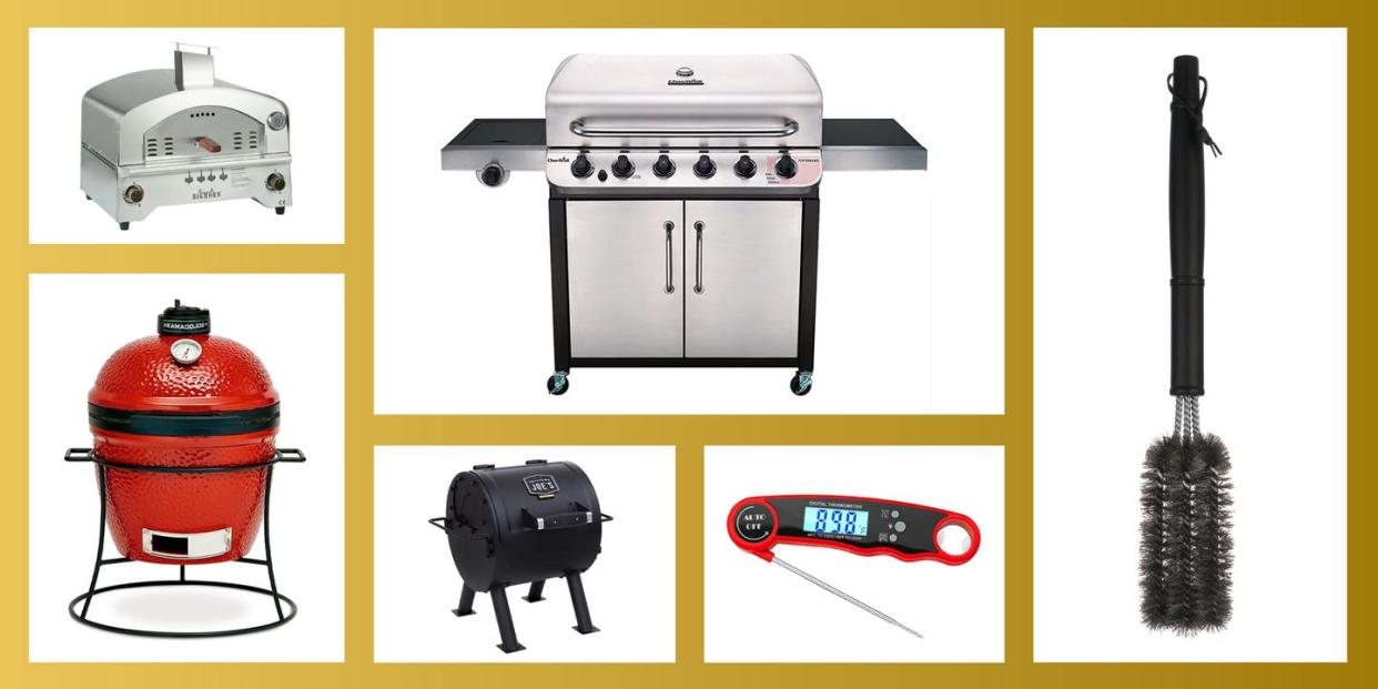 char broil performance series 6 burner liquid propane gas grill, joe jr portable charcoal grill, hitch portable charcoal grill, digital meat thermometer, propane outdoor gas pizza oven, triple bristle grill brush