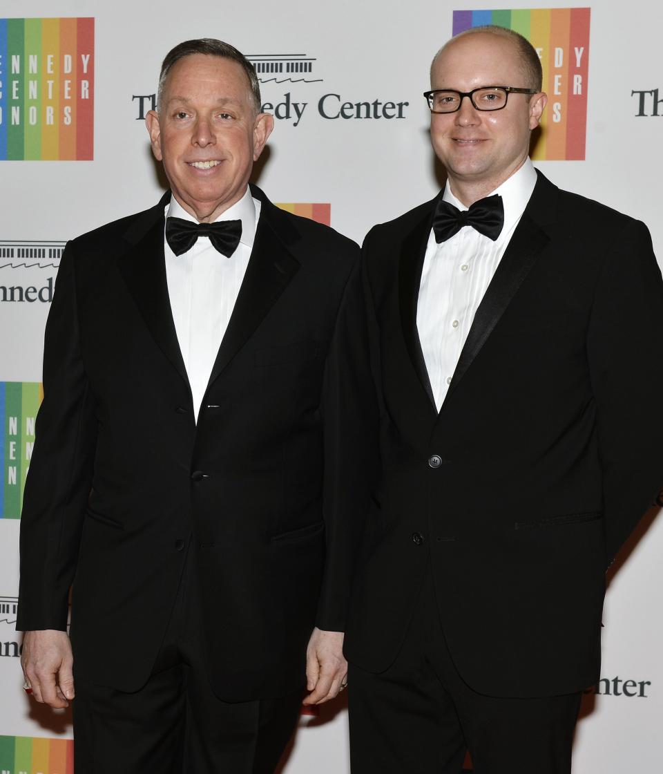 Kennedy Center President Kaiser and his husband Roberts pose as they arrive at the U.S. State Department for a gala dinner in Washington