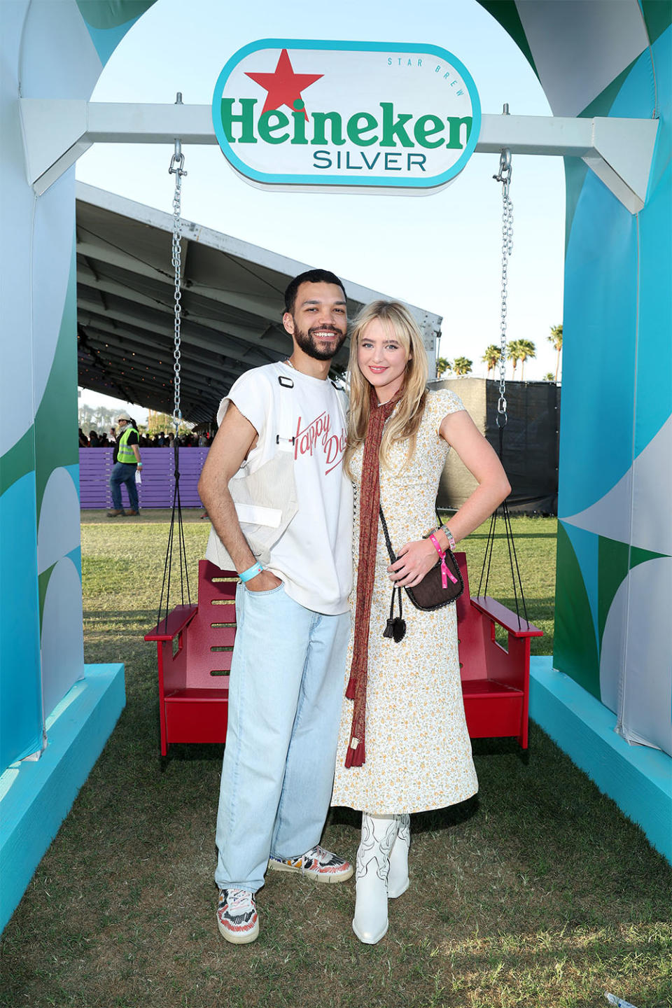 Justice Smith and Kathryn Newton stop by the Heineken House at the 2023 Coachella Valley Music and Arts Festival on April 14, 2023 in Indio, California.