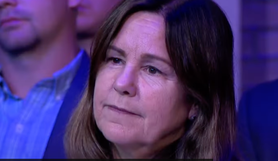 Karen Pence watches on during a NewsNation town hall debate with husband Mike Pence on Wednesday (NewsNation)