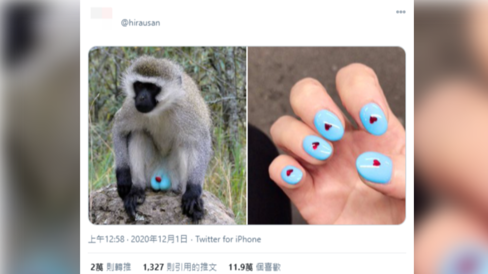日本女子訝異自己的美甲造型與公猴的生殖器外型很相像。（圖／翻攝自ひらうTwitter）
