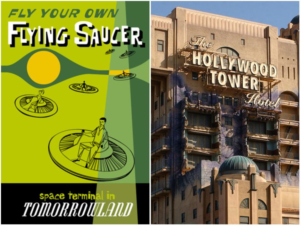 A green illustration with people on individual open UFOS and the words "fly your own flying saucer" and a decaying building with the sign "The Hollywood Tower Hotel."