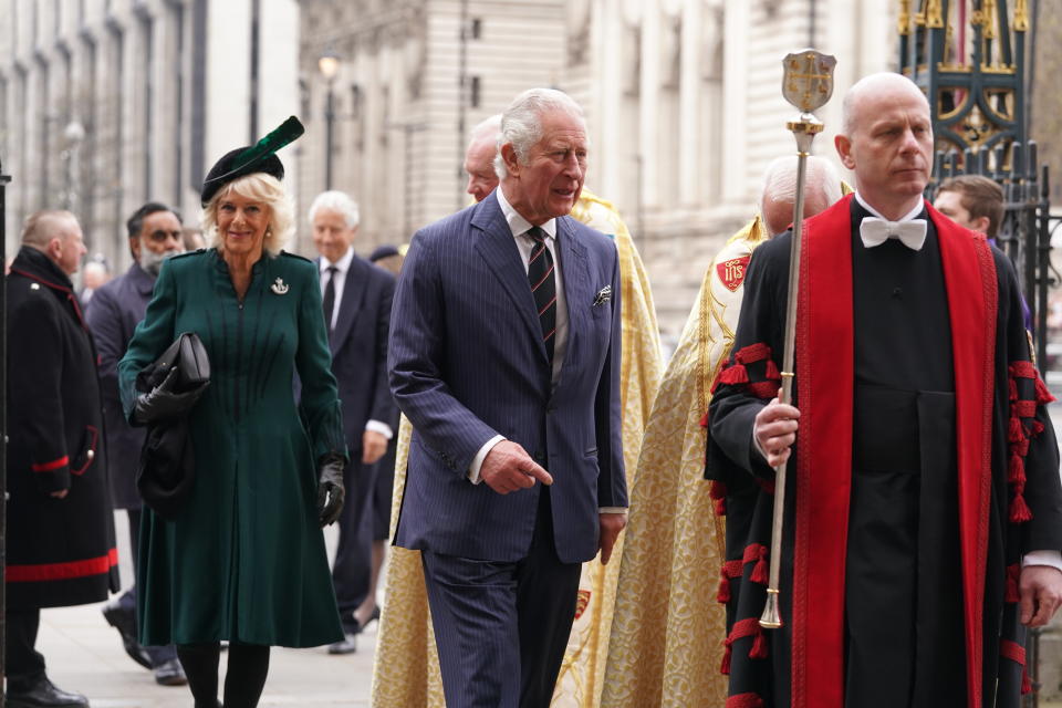 The Prince of Wales and Duchess of Cornwall arriving for a Service of Thanksgiving for the life of the Duke of Edinburgh, at Westminster Abbey in London. Picture date: Tuesday March 29, 2022.