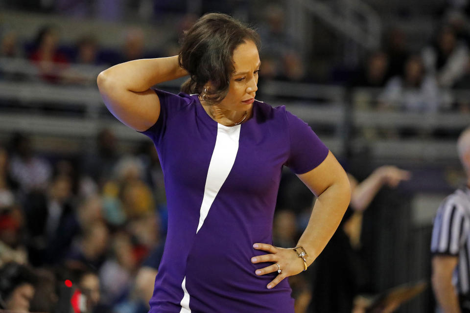 East Carolina head coach Kim McNeill reacts during the first half of an NCAA college basketball game against Connecticut, Saturday, Jan. 25, 2020 in Greenville, N.C. (AP Photo/Karl B DeBlaker)